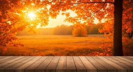 Golden Autumn Vista: Sunlit Meadow Framed by Vibrant Foliage and Rustic Wooden Deck