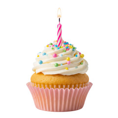 Single vanilla cupcake with pink frosting and sprinkles and candle