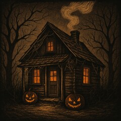 Haunted Cabin Card with Glowing Windows