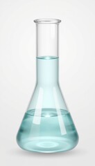 Laboratory glass flask with light blue liquid on white background  