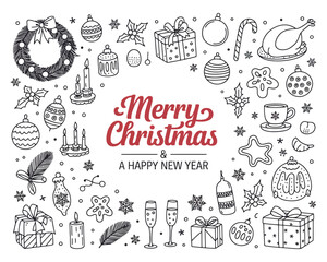 Merry Christmas and a Happy New Year hand-drawn doodle illustration with festive elements