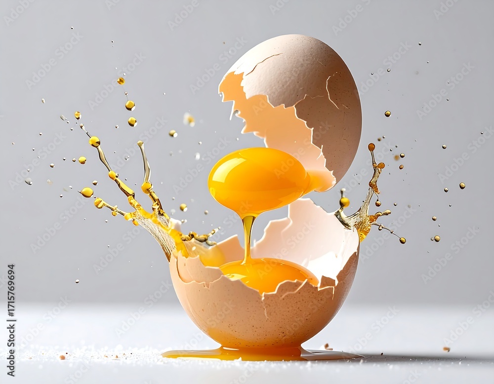 Poster raw egg yolk splashing out of cracked shell in motion capture