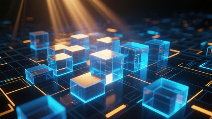 Obraz premium Futuristic digital cubes glowing on a grid network with light beams