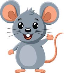 
Adorable gray mouse cartoon character waving hello with a happy smile, a friendly and playful illustration for kids.