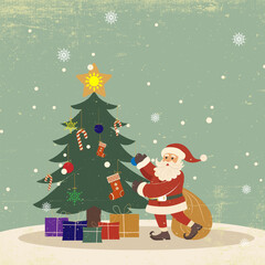 Festive illustration of Santa Claus decorating a Christmas tree with ornaments, gifts, snowflakes, and holiday cheer