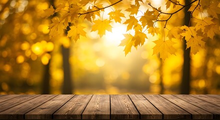 Autumnal Scene: Golden Maple Leaves Over Rustic Wooden Table