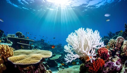 Obraz premium Vibrant underwater scene showcasing a healthy coral reef teeming with colorful fish, illuminated by sunlight penetrating the clear water.