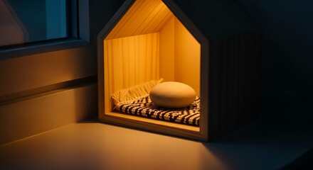 Pet rock inside miniature wooden house with soft lighting — cozy home for cute stone on a blanket