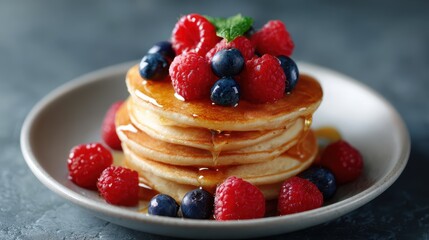 realistic top view of pancakes topped with berries and maple syrup