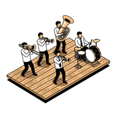Isometric illustration of a jazz band performing on a wooden platform.