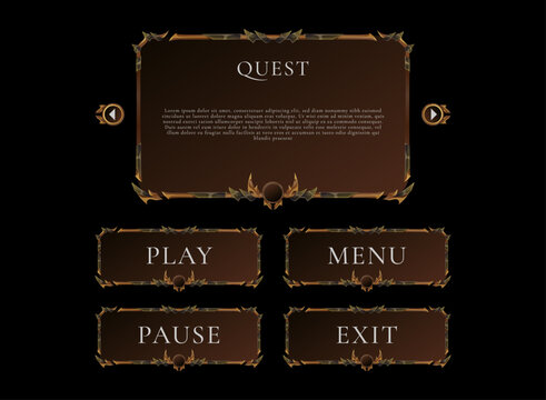 Fantasy RPG Ancient Gold Rustic Game UI Board Panels &mdash; Quest Pop-Up Designs with Buttons for Adventure Interface