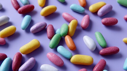 vibrant top view of multicolored candies spread across a table