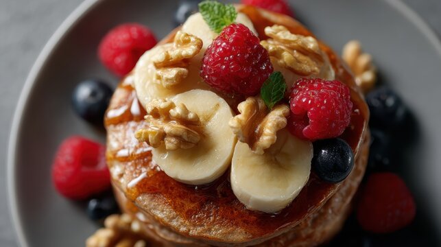 realistic top view of buckwheat pancakes stacked with banana slices, walnuts, maple syrup, and fresh berries