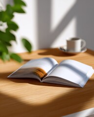 Naklejka premium brochure mockup open on desk, professional layout, soft natural light