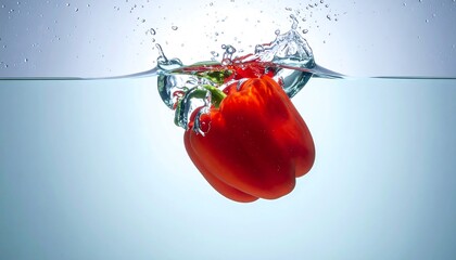 Vibrant red bell pepper plunging into water, creating splash art