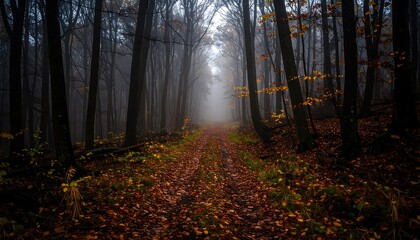 Obraz premium Misty Autumn Forest Path: A Serene Woodland Trail Covered in Fallen Leaves