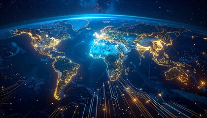 A stunning digitally created globe illuminated at night, showcasing connected continents, city lights & digital pathways