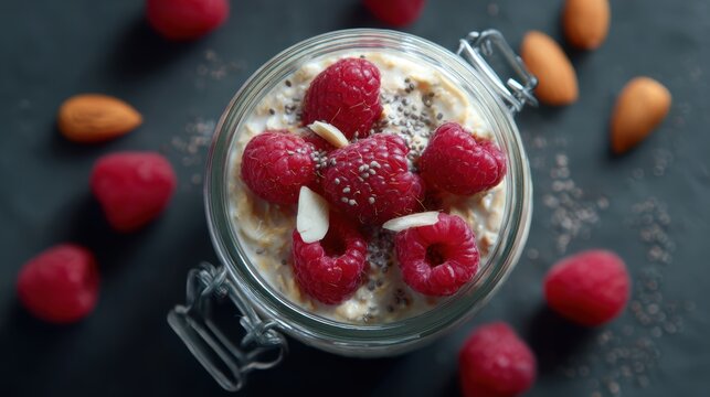 realistic top view of overnight oats with chia seeds, raspberries, and almond milk in mason jar