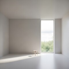 Minimalist Interior with Bright Window View and Pale Wooden Stool Accent