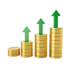Financial Growth Chart with Gold Coins and Green Arrows on a Transparent Backdrop Representing Investment Success and Economic Progress