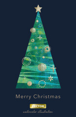 ゴールドのオーナメントを飾りつけたシンプルなクリスマスツリー。ペイントテクスチャのイラスト。幾何学的なデザイン。（ベクター。オーナメントのレイアウト変更可能）