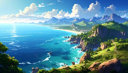 Obraz premium A vibrant coastal landscape showcases rolling hills, lush greenery, and a serene body of water.