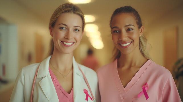 Women Healthcare Professionals with Pink Ribbons in Hospital – Breast Cancer Awareness and Prevention Concept