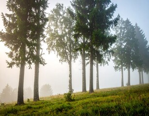 Misty morning in a pine forest