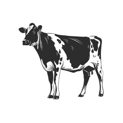 Fototapeta premium A black and white cow stands calmly in a grassy field under bright sunlight. The animal appears healthy and content in its natural environment, typical of rural farming life.