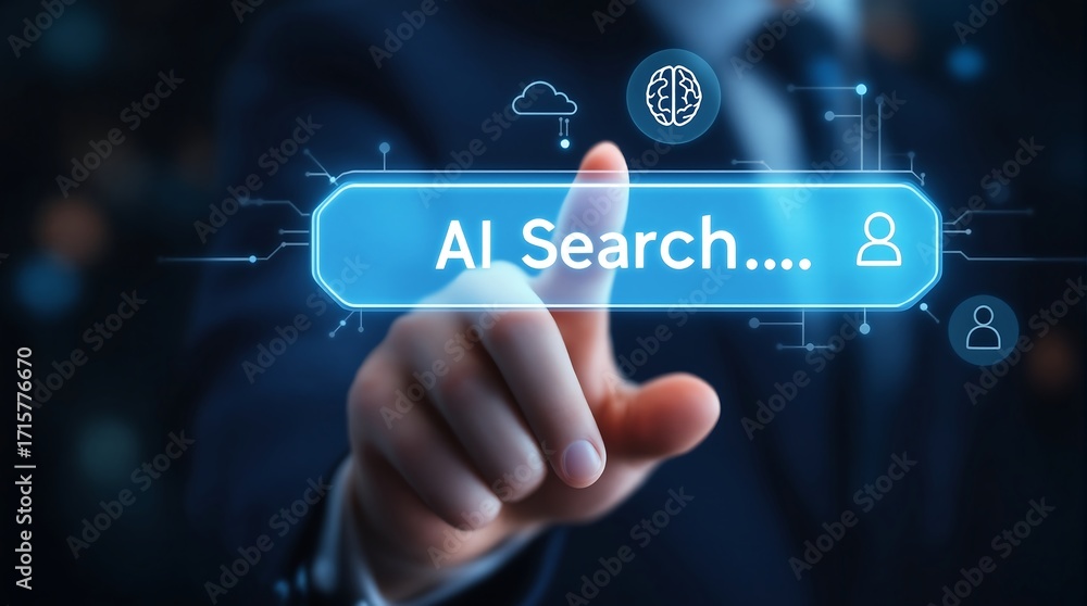 Poster ai search interface technology concept with finger pressing search bar for web and data analysis