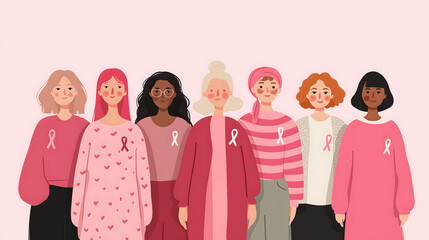 Illustration of People with Pink Ribbons Showing Unity and Support – Breast Cancer Awareness Concept