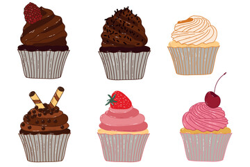 Six Assorted Frosted Cupcakes With Chocolate, Vanilla, Berry Toppings In Colorful Wrappers. A set of six cupcakes featuring rich chocolate, pink strawberry, and creamy vanilla frostings, topped 