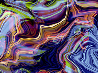 Swirling abstract liquid with vibrant blues, purples, oranges, and greens.
