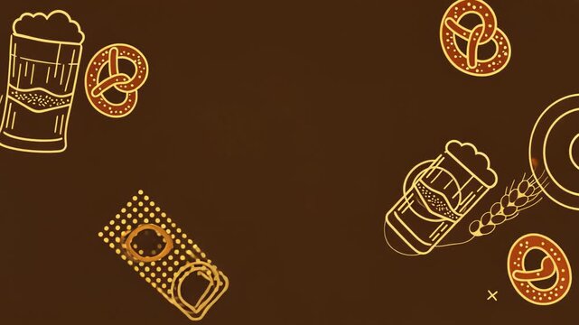 Seamless beer mug and pretzel pattern with dynamic abstract orange waves