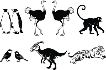 Animal silhouette, black and white, vector art, dinosaur, penguin, ostrich, monkey, tiger, bird, wildlife, nature, prehistoric, modern, jumping tiger, Parasaurolophus, cartoon style, isolated