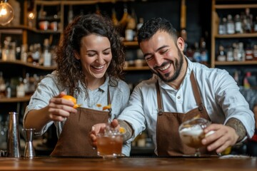 Bartenders smiling making cocktails working together at bar