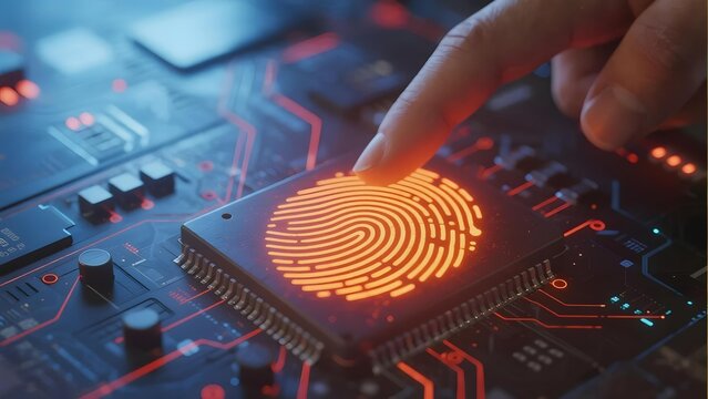 Finger pressing a glowing fingerprint sensor on a circuit board