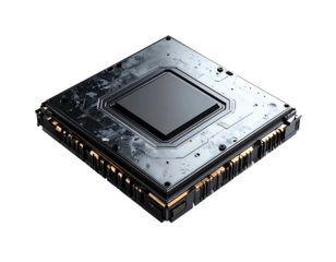 Square, metallic computer chip,  dark gray,  with  central  black  processor