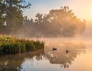 Misty morning on a tranquil lake