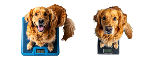 Happy dog on scale for weight management in PNG image