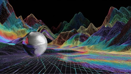 A reflective sphere rests on a gridded plane before a vibrant, multicolored, wireframe mountain range against a black background.  The scene evokes a digital, surreal landscape