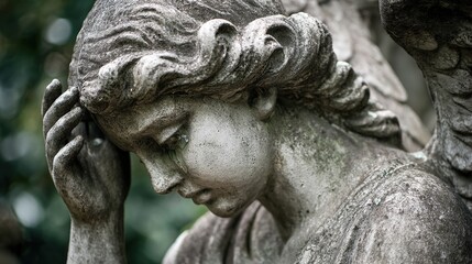Stone angel statue with a somber expression, capturing a moment of reflection and grief