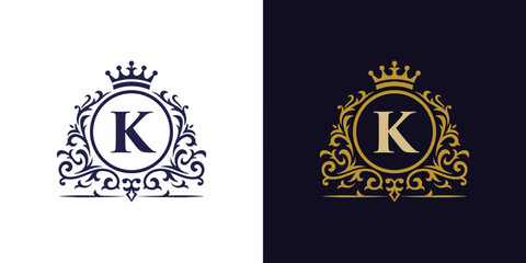 Luxury Royal Brand Name Logo Design with Crown and Ornamental Crest for fashion brands, jewelry, hotels, law firms brand identity
