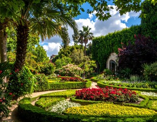 Naklejka premium Lush garden with winding paths