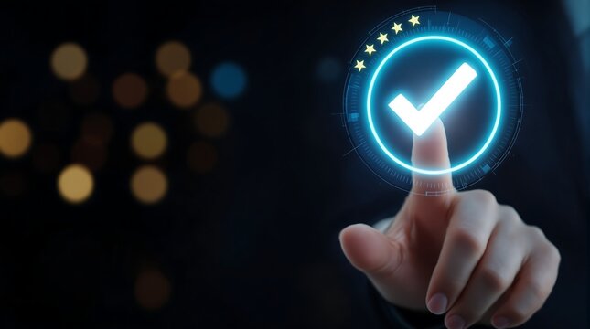Check mark icon digital interface with hand touching for approval success and quality control system