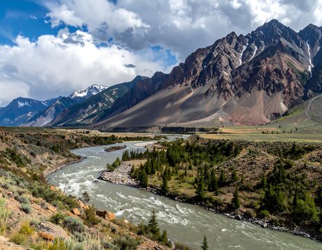 Mountainous river valley scene