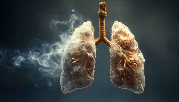 A pair of human lungs with visible smoke escaping, possibly indicating respiratory problems or smoking-related issues
