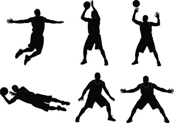 Basketball player silhouette, action pose, sports movement, jump shot, defense stance, athletic motion, vector illustration, black figure, white background