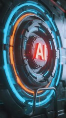 Obraz premium Futuristic AI interface with glowing circular design and red 'AI' text in center