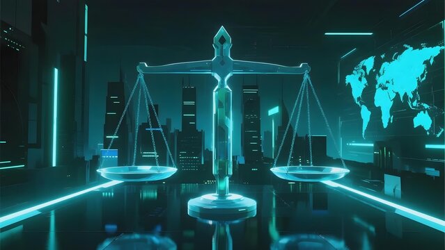 Digital scales of justice illuminated in a futuristic cityscape with glowing blue lights and a world map in the background